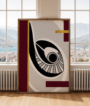Arte geométrico abstracto con motivo de ojo y detalles dorados
