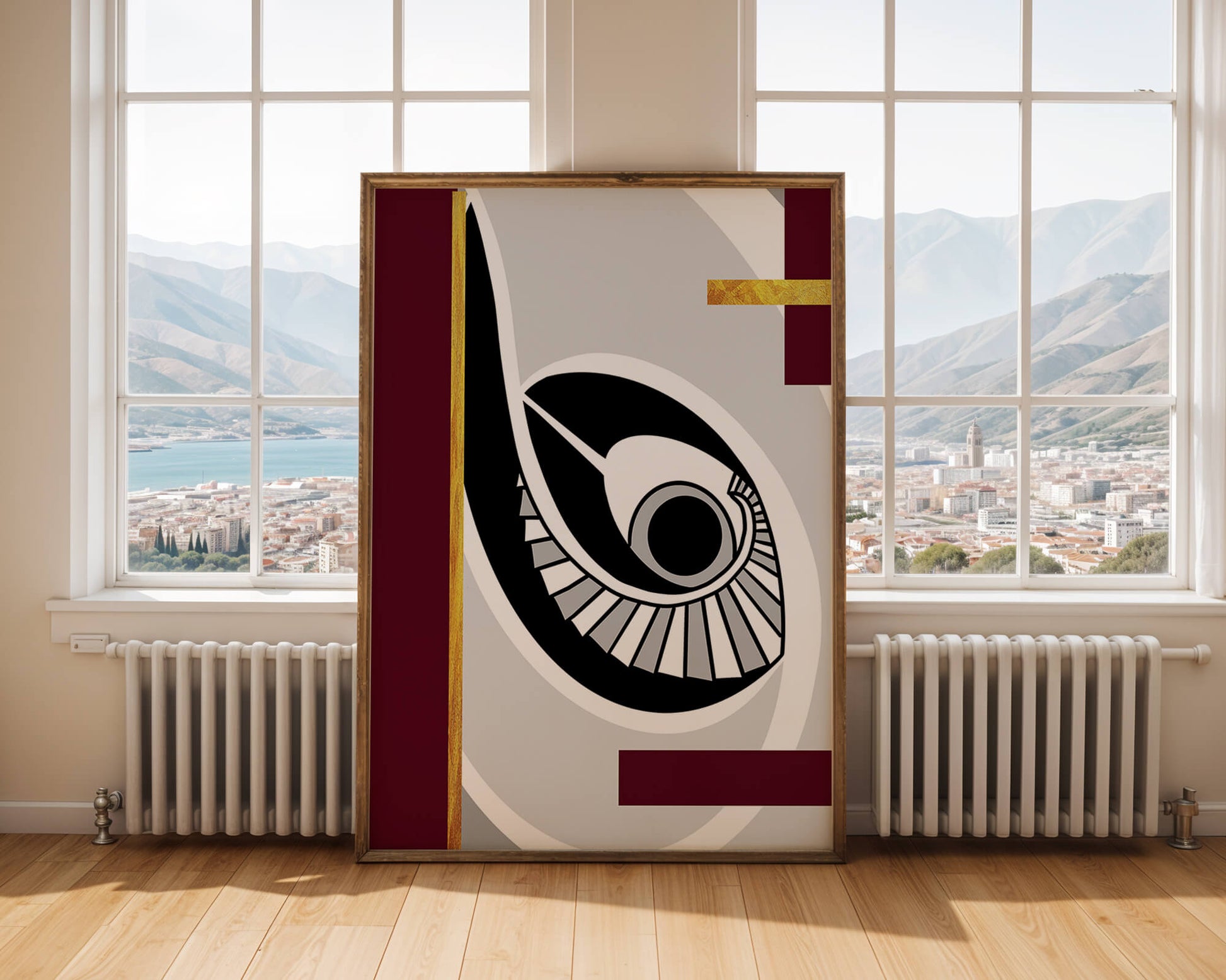 Arte geométrico abstracto con motivo de ojo y detalles dorados