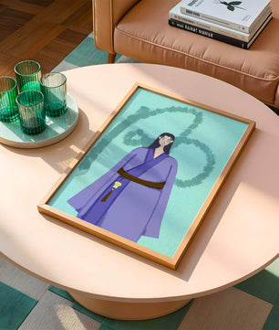 Personaje con atuendo tradicional sobre fondo texturizado