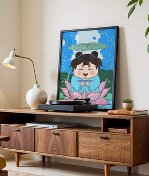 Whimsical illustration of a joyful child with lotus and umbrella