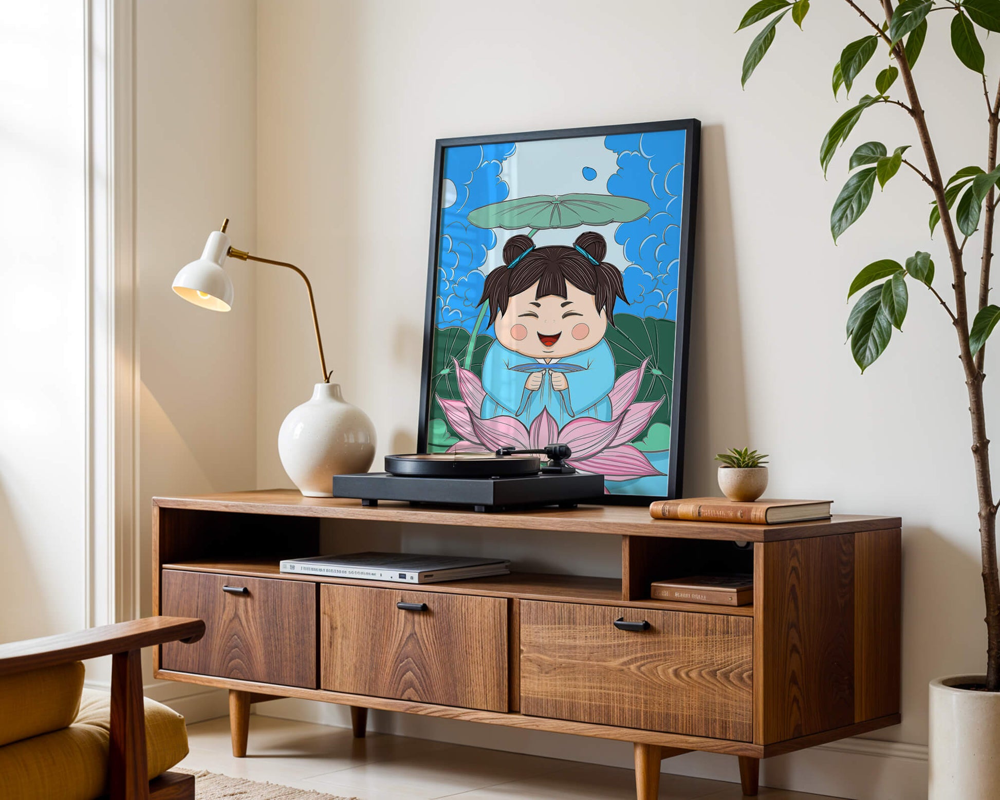 Whimsical illustration of a joyful child with lotus and umbrella