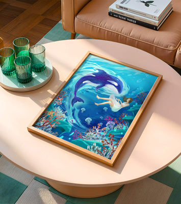 Underwater fantasy scene with a playful whale and a girl floating amidst coral and jellyfish