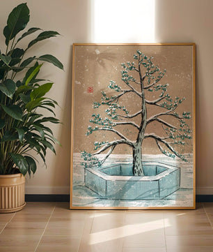 Paisaje invernal con ilustración de árbol bonsái cubierto de nieve