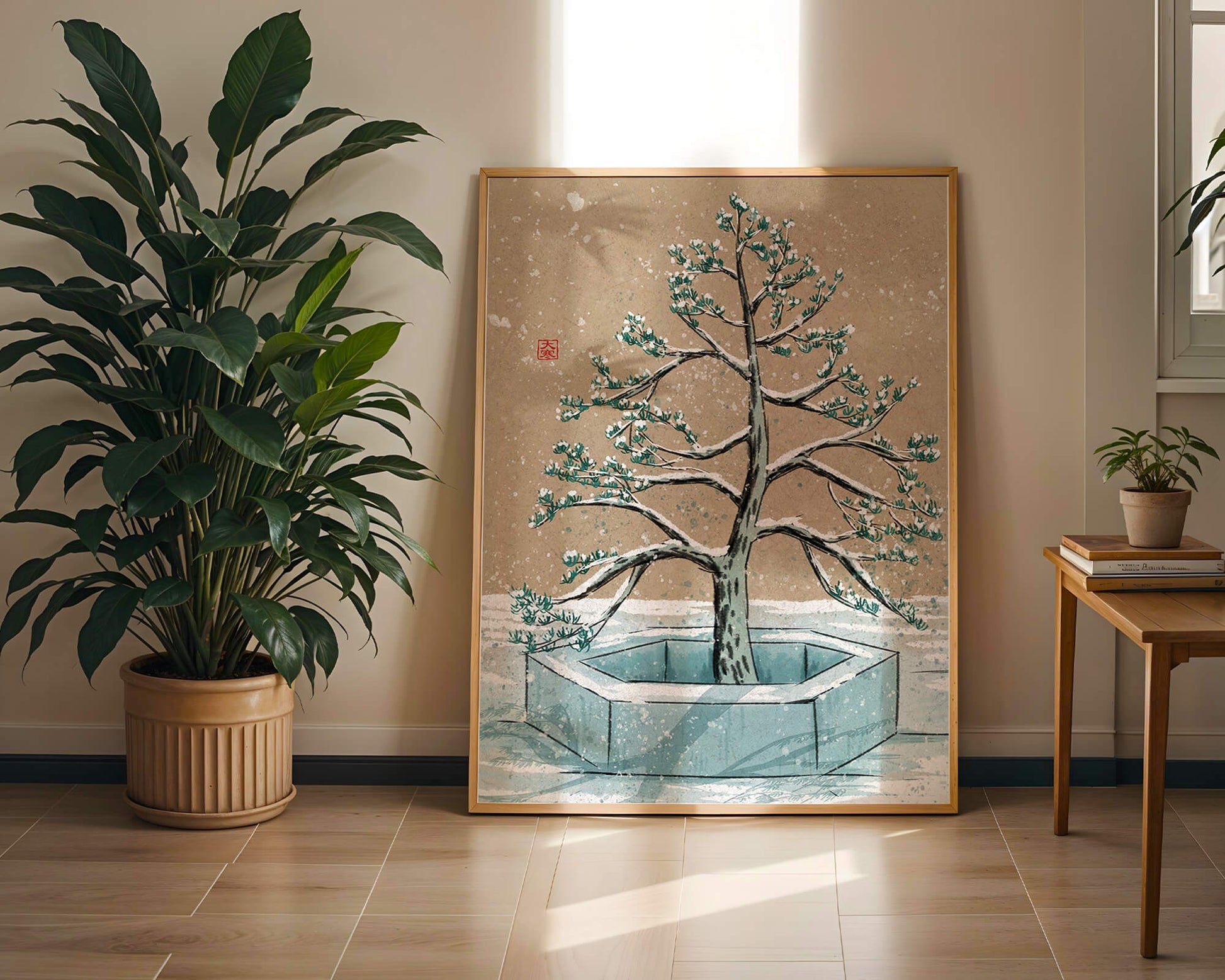 Paisaje invernal con ilustración de árbol bonsái cubierto de nieve