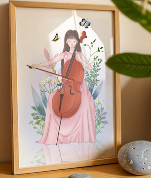 Girl Playing Cello Surrounded by Nature with Butterflies - Mi tienda