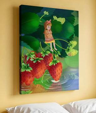 Young girl sitting among large strawberries in a whimsical garden setting