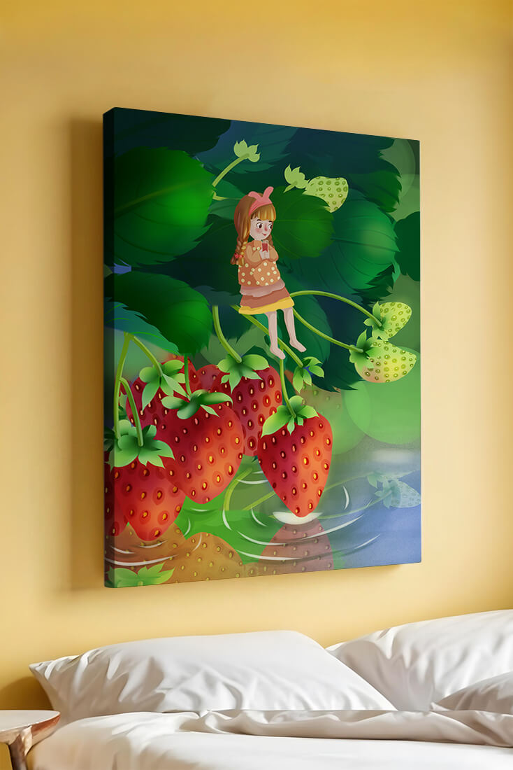 Young girl sitting among large strawberries in a whimsical garden setting