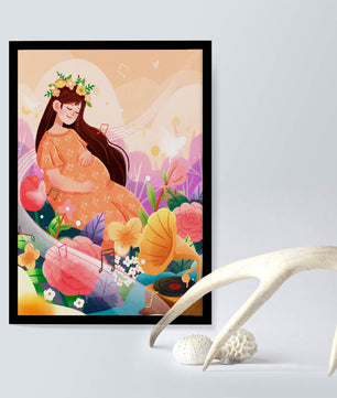 Femme dans la nature avec des fleurs et des notes de musique