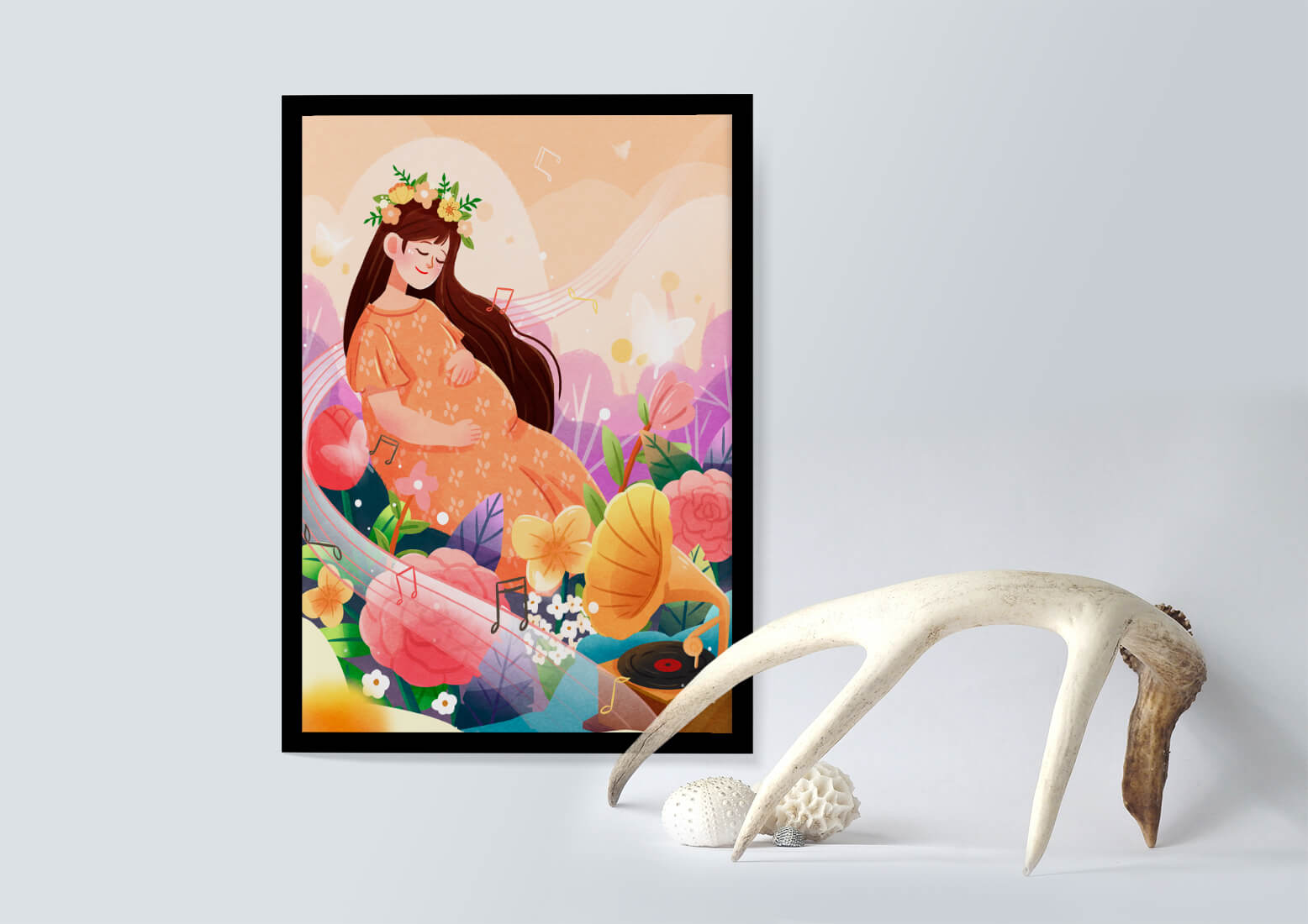 Woman in nature with flowers and musical notes