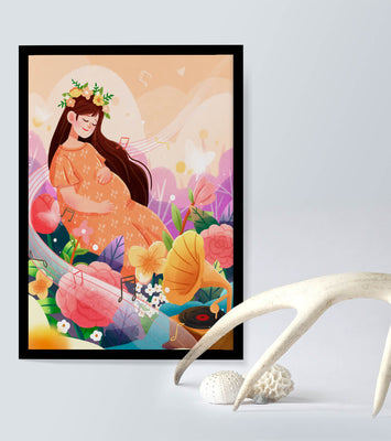Woman in nature with flowers and musical notes