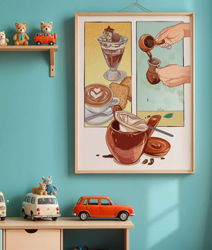 Ilustración artística de café y postre con detalles dorados