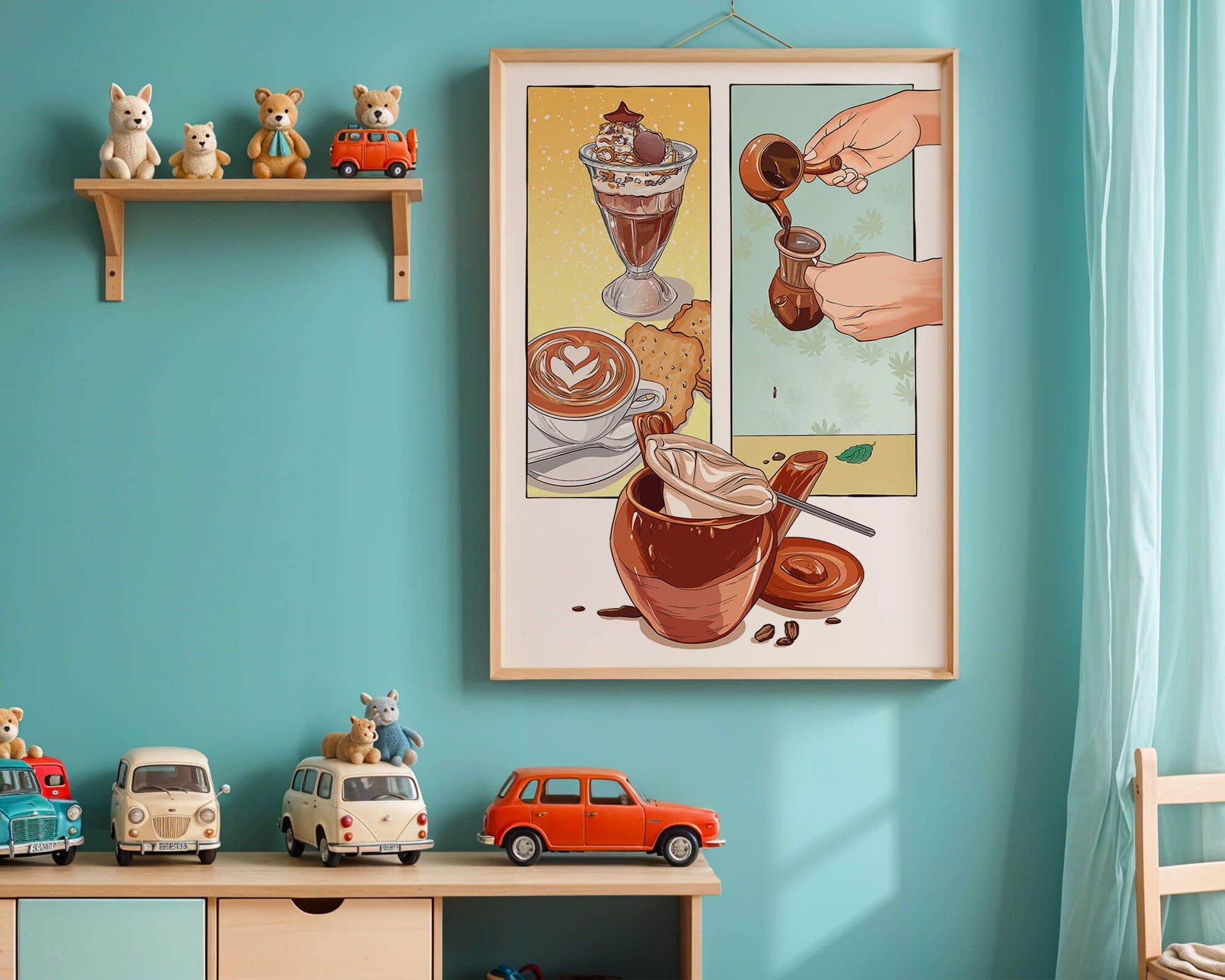 Ilustración artística de café y postre con detalles dorados