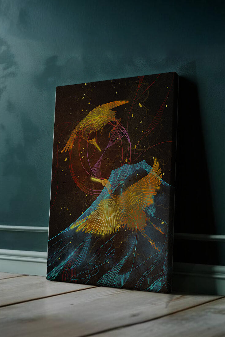 Elegant Cranes in Cosmic Dance with Golden and Blue Accents