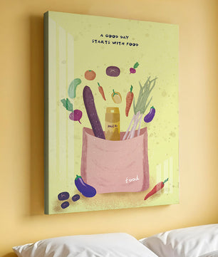 Ilustración de vegetales frescos y leche en una bolsa de comestibles