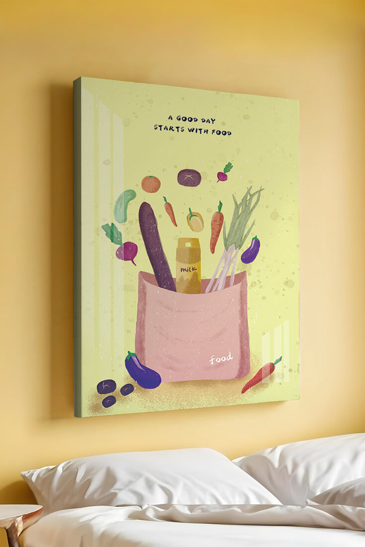 Ilustración de vegetales frescos y leche en una bolsa de comestibles