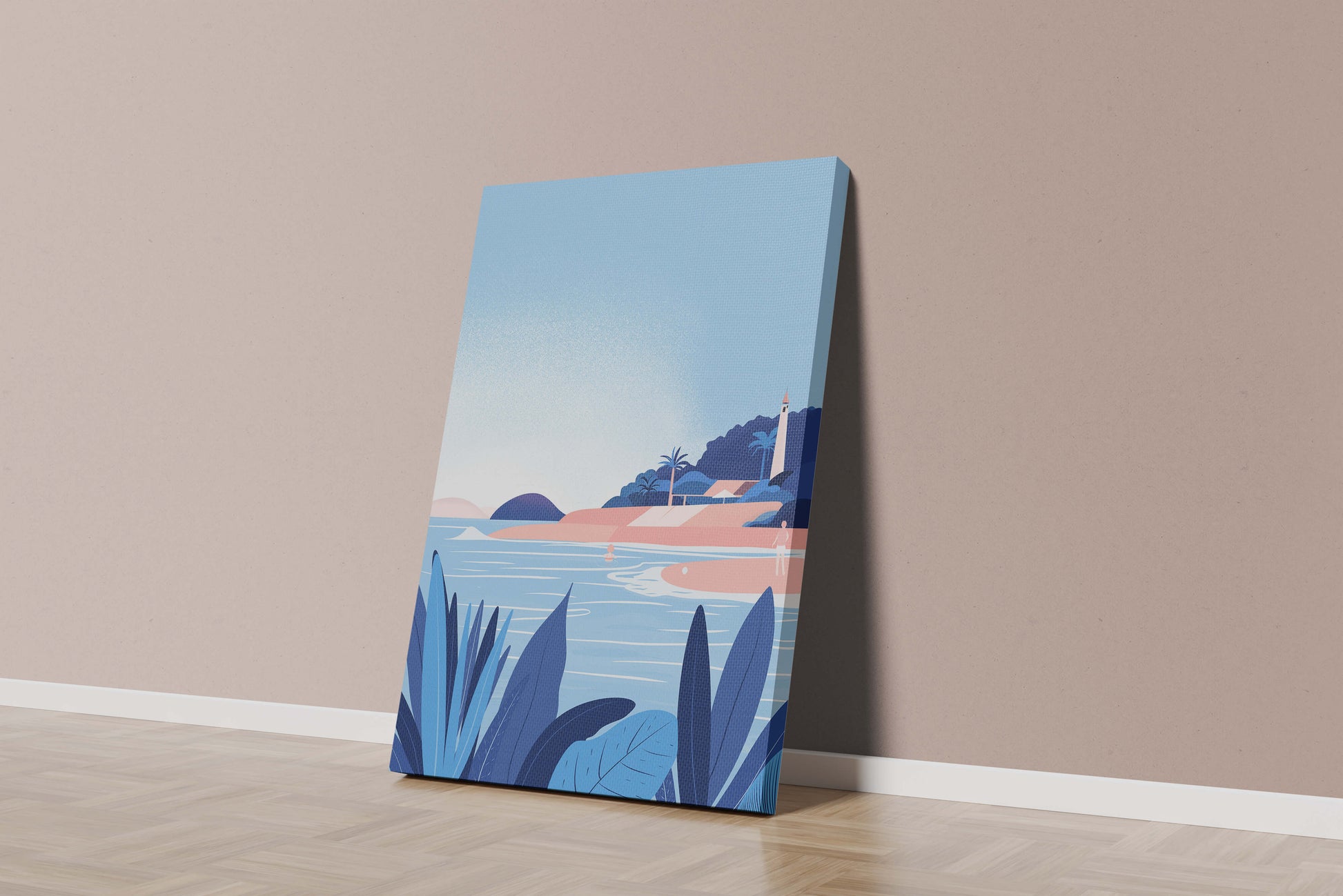 Serene seaside scene with lighthouse and tropical foliage