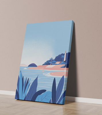 Serene seaside scene with lighthouse and tropical foliage