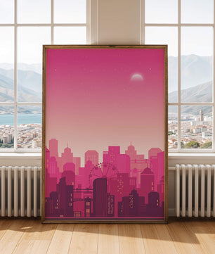Skyline urbano al anochecer con degradado rosa y noria