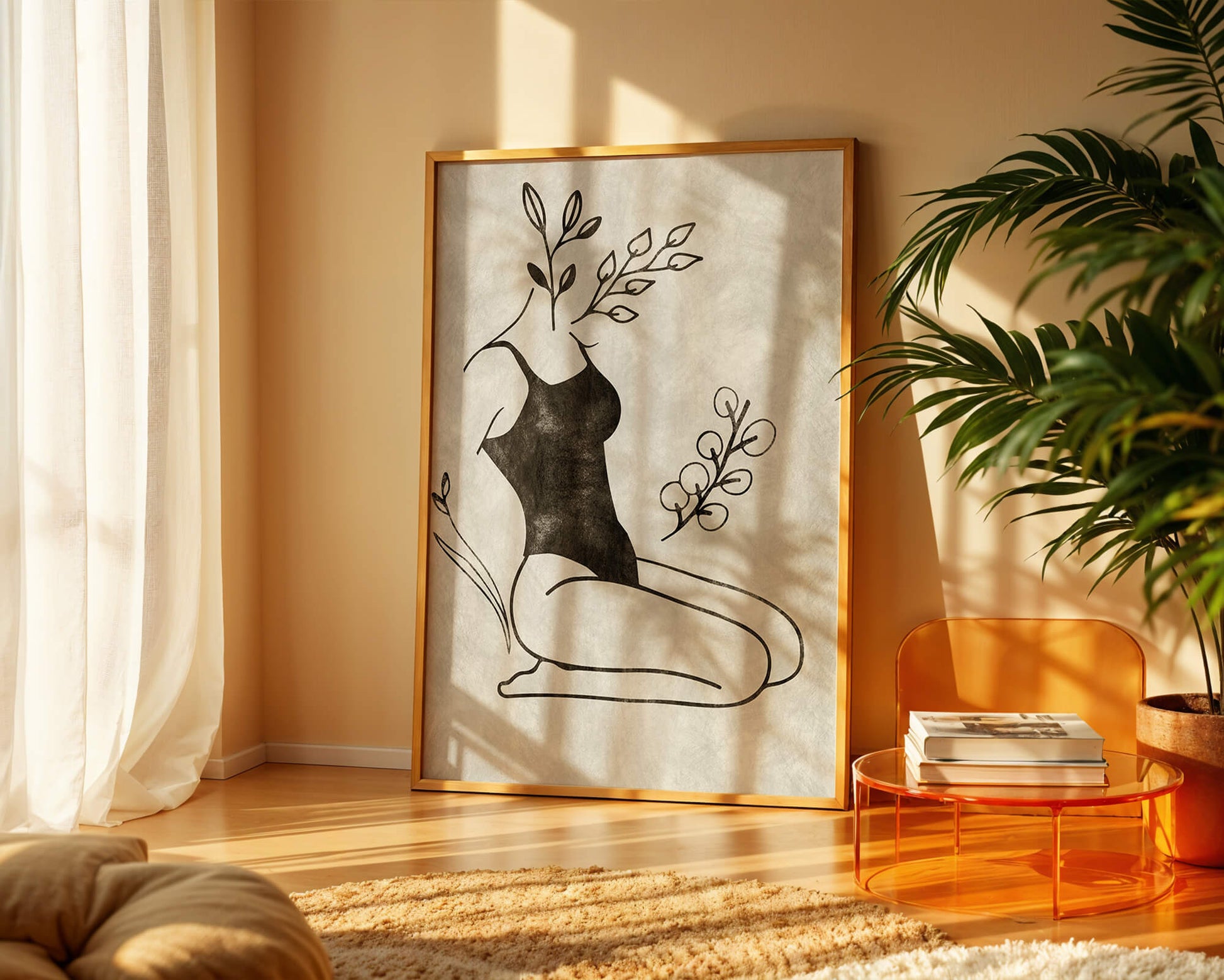 Mujer abstracta con elementos botánicos en estilo minimalista