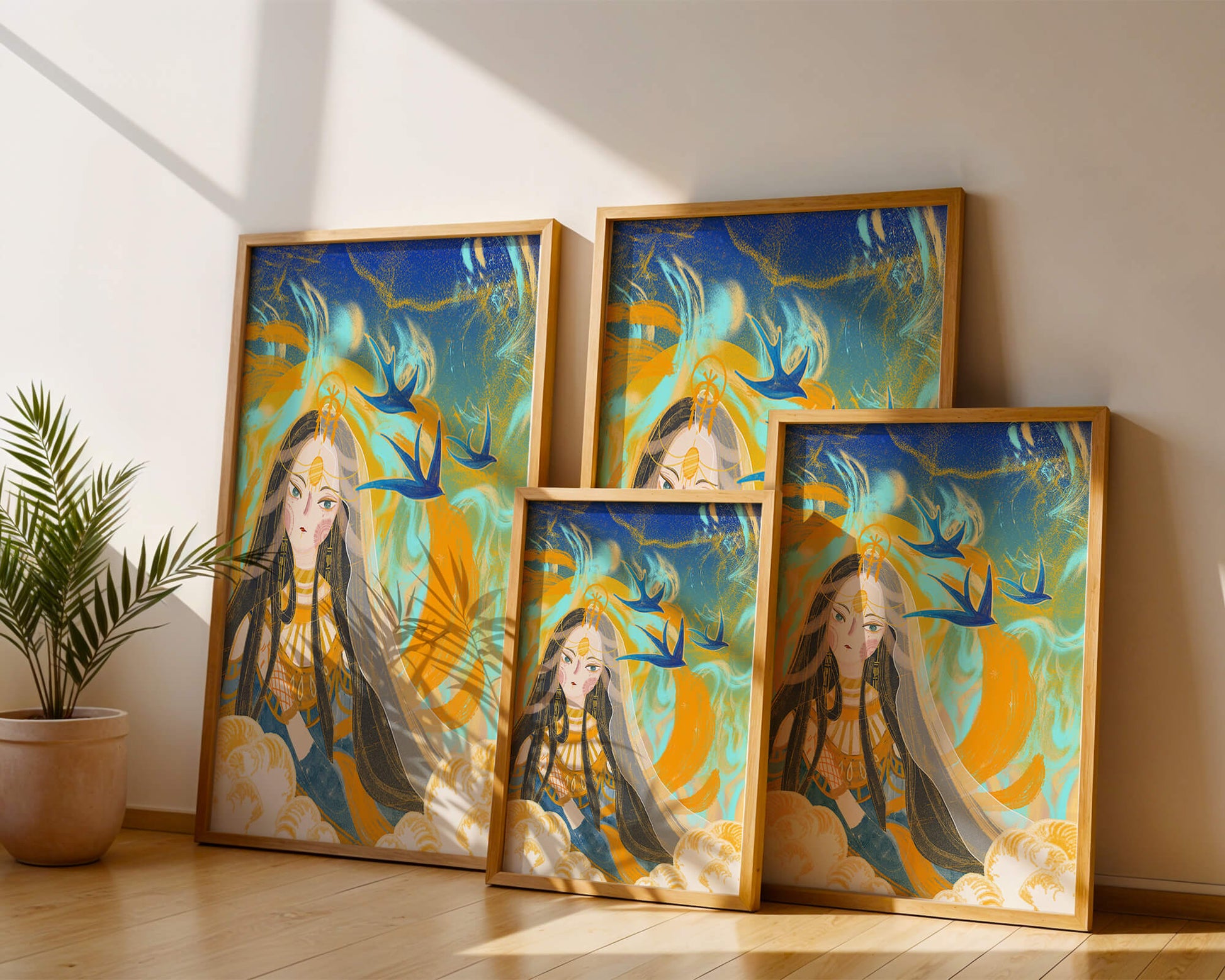 Majestic Goddess with Birds and Golden Elements in Mystical Setting