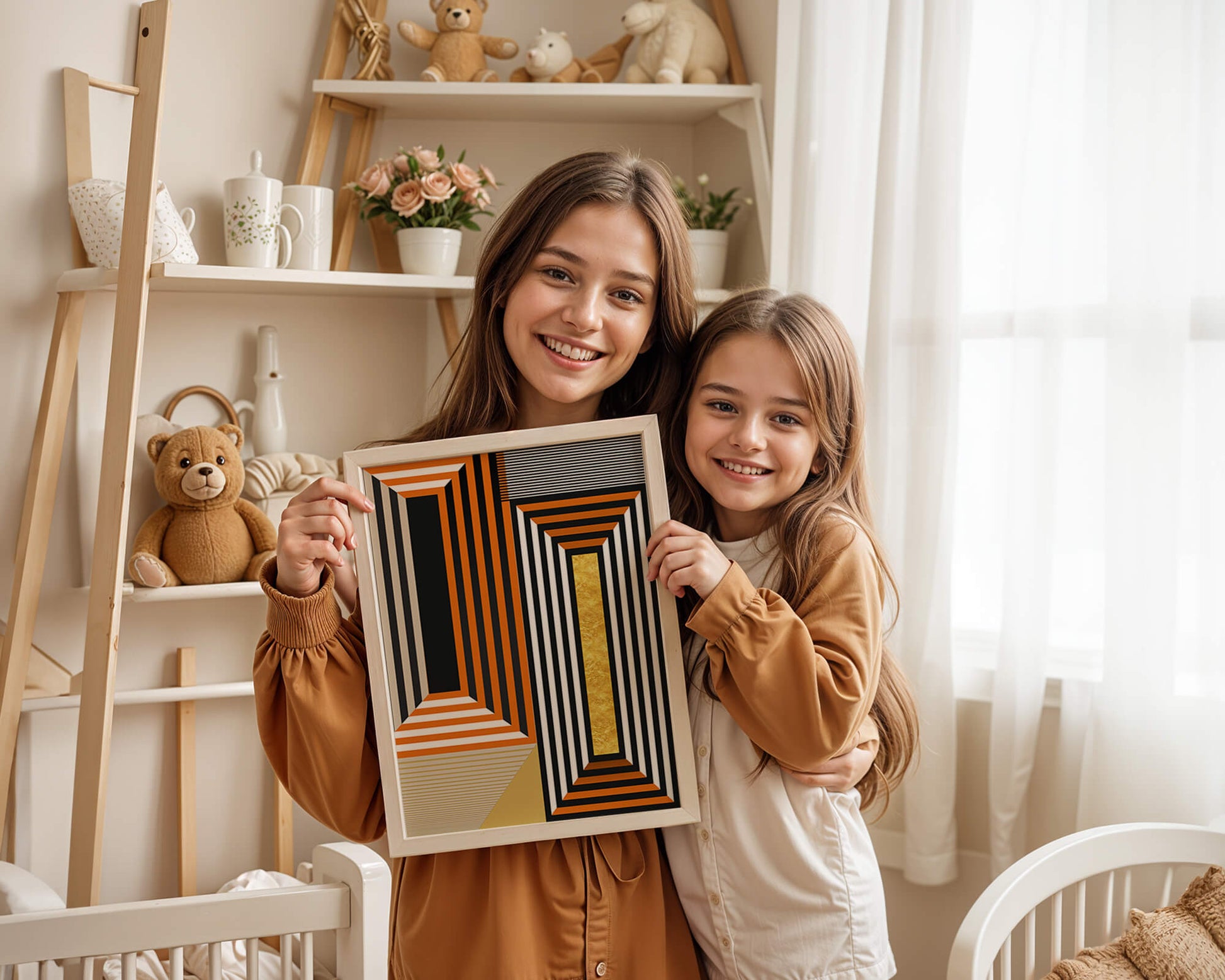 Geometric Abstract Art with Stripes and Gold Element in Orange, Black, and White