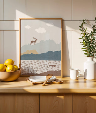 Majestic Deer and Mountain Landscape in Minimalist Style - Mi tienda