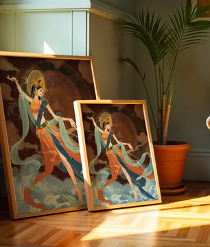 Elegant depiction of an ethereal dancer in vibrant traditional attire