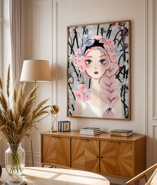 Illustration of a girl with floral headpiece against abstract floral background