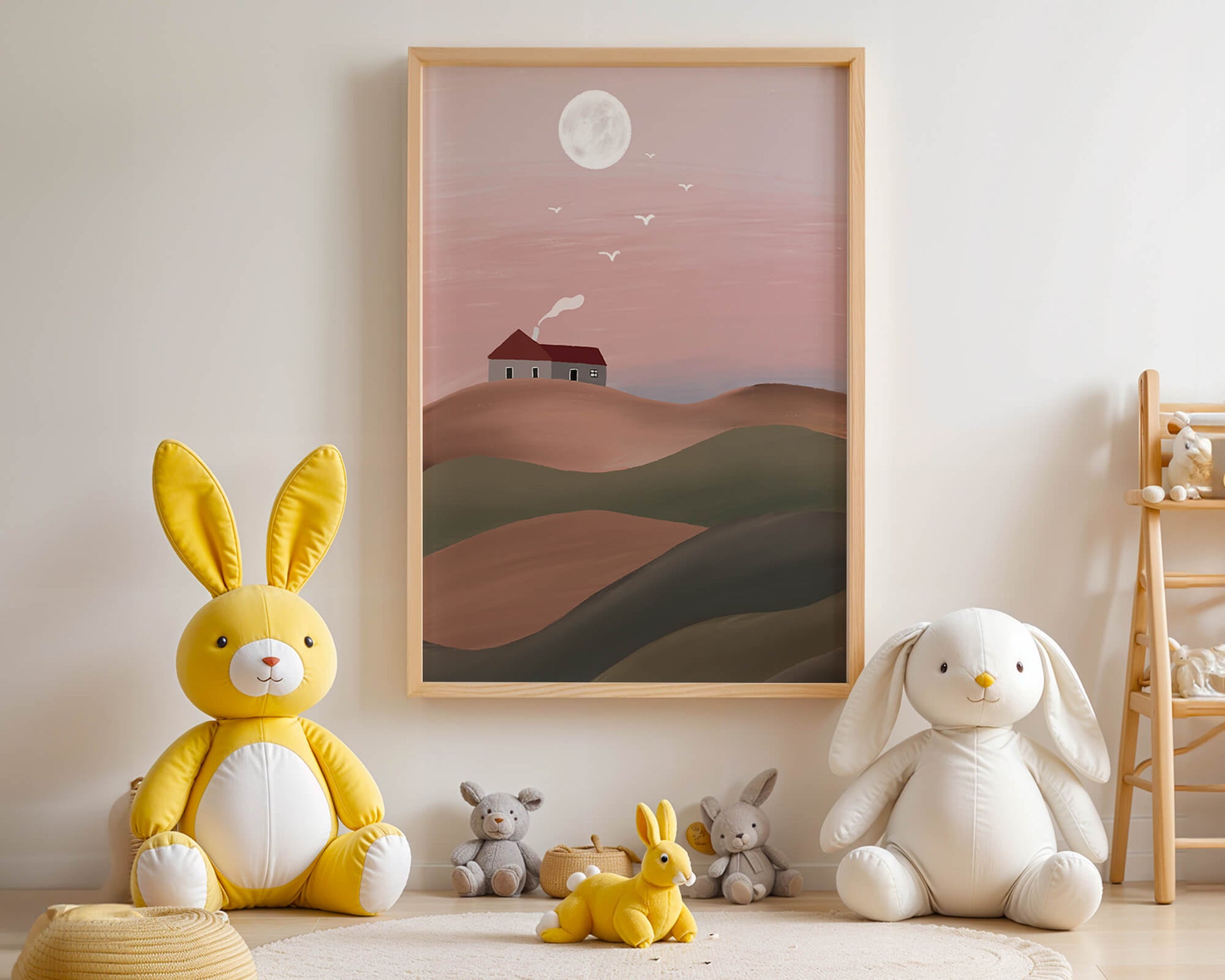 Casa en una colina rosa bajo la luna llena