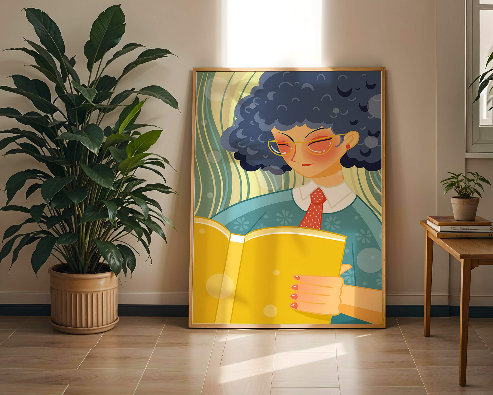 Illustration of a person reading a large yellow book in a stylized design