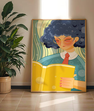 Illustration d'une personne lisant un grand livre jaune dans un style stylisé