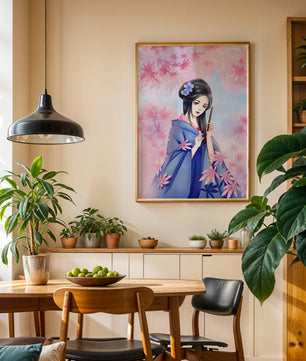 Ilustración elegante de una geisha con kimono azul y hojas rosadas