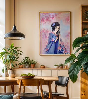 Elegant Geisha Illustration in Blue Kimono with Pink Leaves