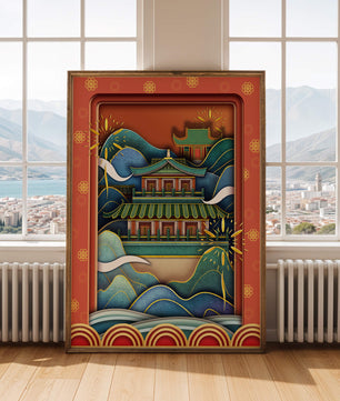 Traditionelle asiatische Architektur mit dekorativem Feuerwerk und Wellen