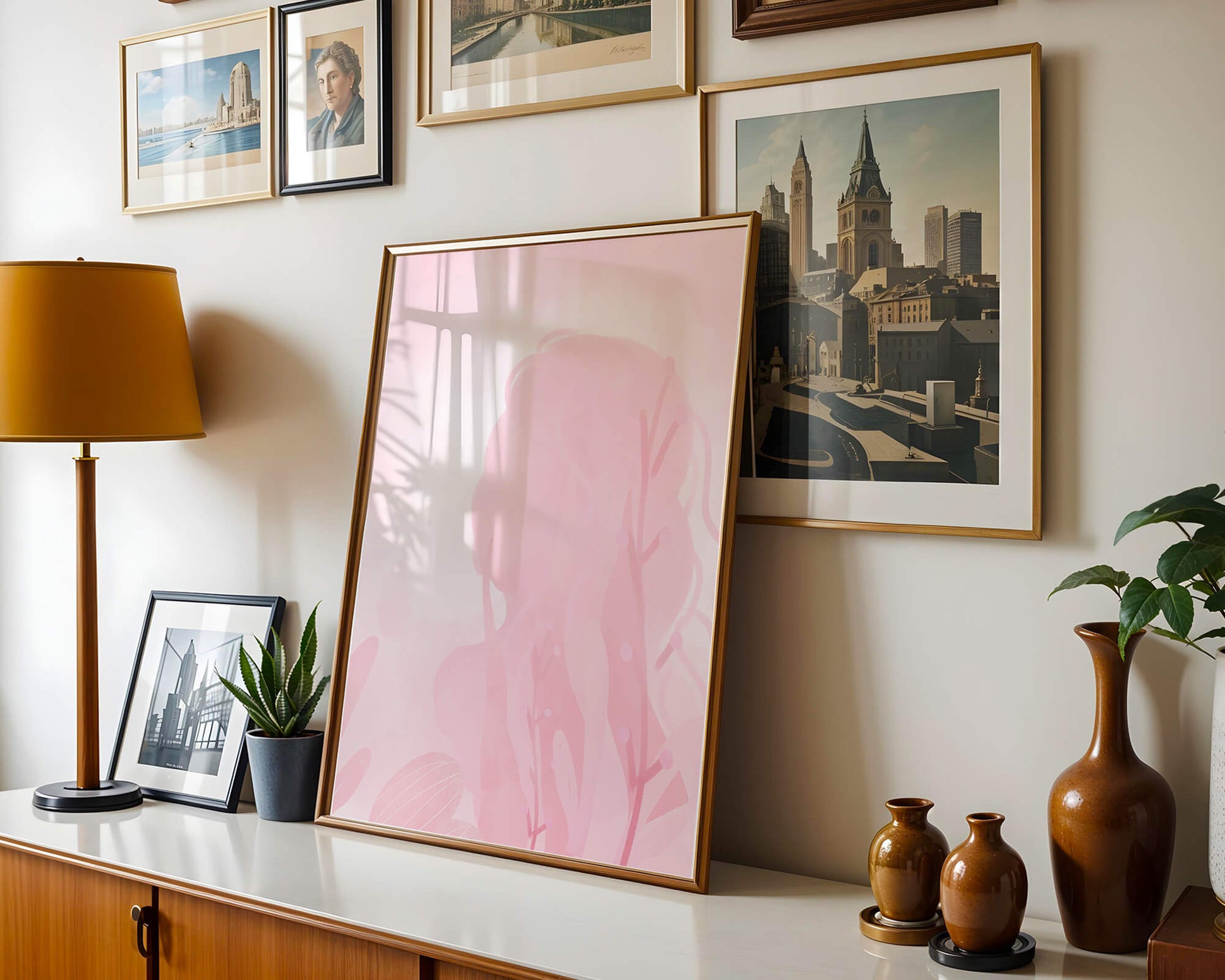 Subtle pink abstract silhouette with floral elements