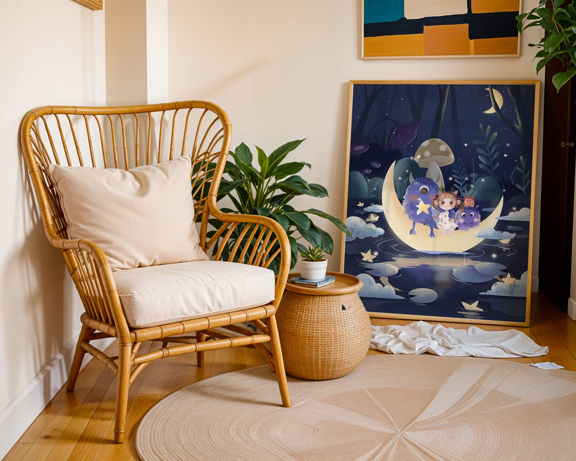Dreamy night scene with a child and friendly monsters on a crescent moon
