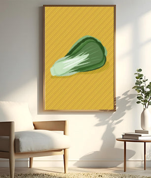 Illustrated bok choy on vibrant yellow background with stripes
