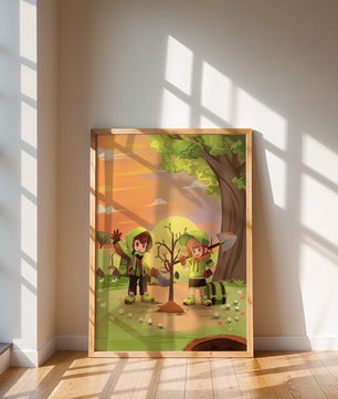 Kinder pflanzen einen Baum in einer lebendigen Sonnenuntergangslandschaft