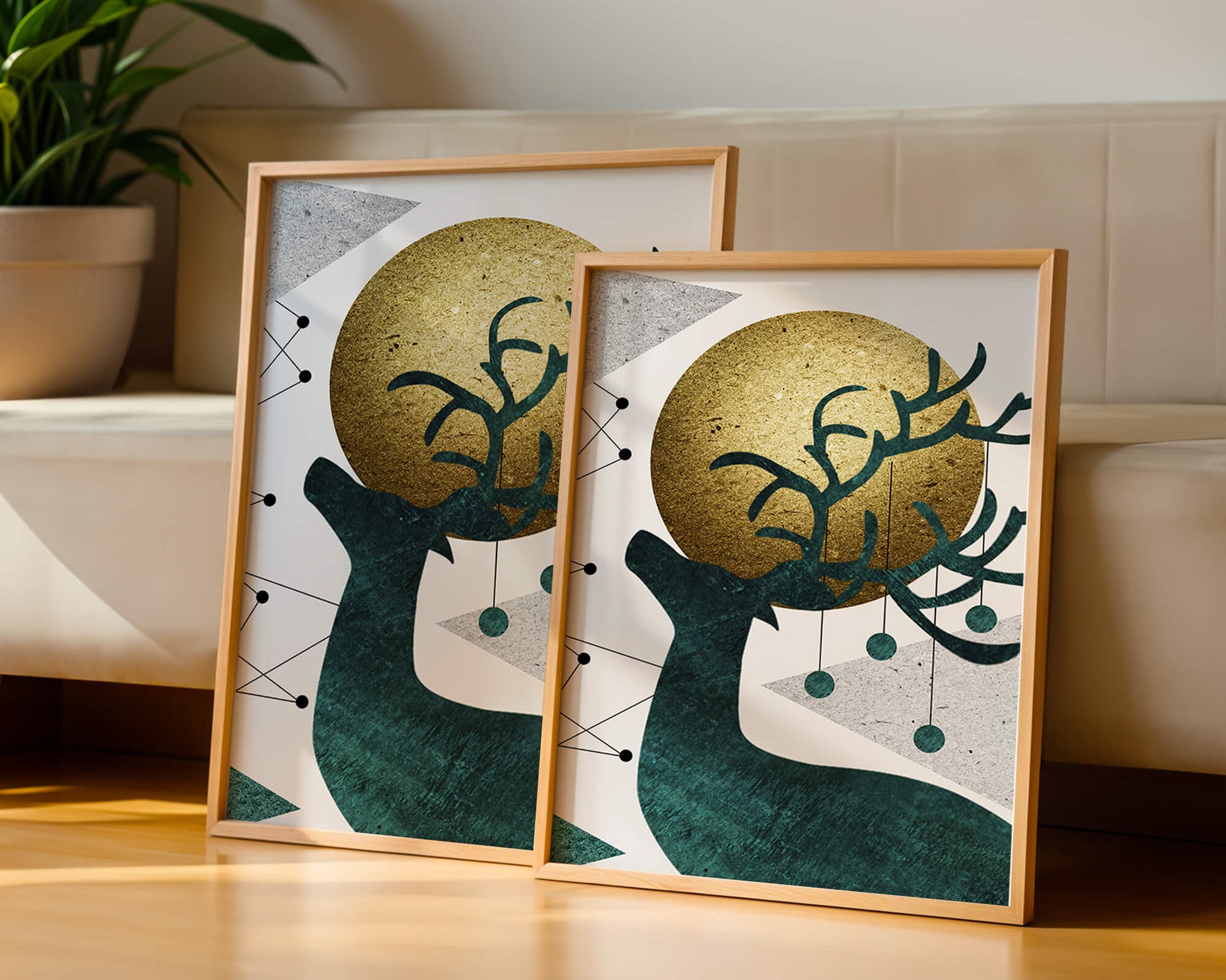Abstract Geometric Deer with Gold Circle and Modern Design