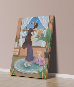 Mother and child bonding in a vibrant living room