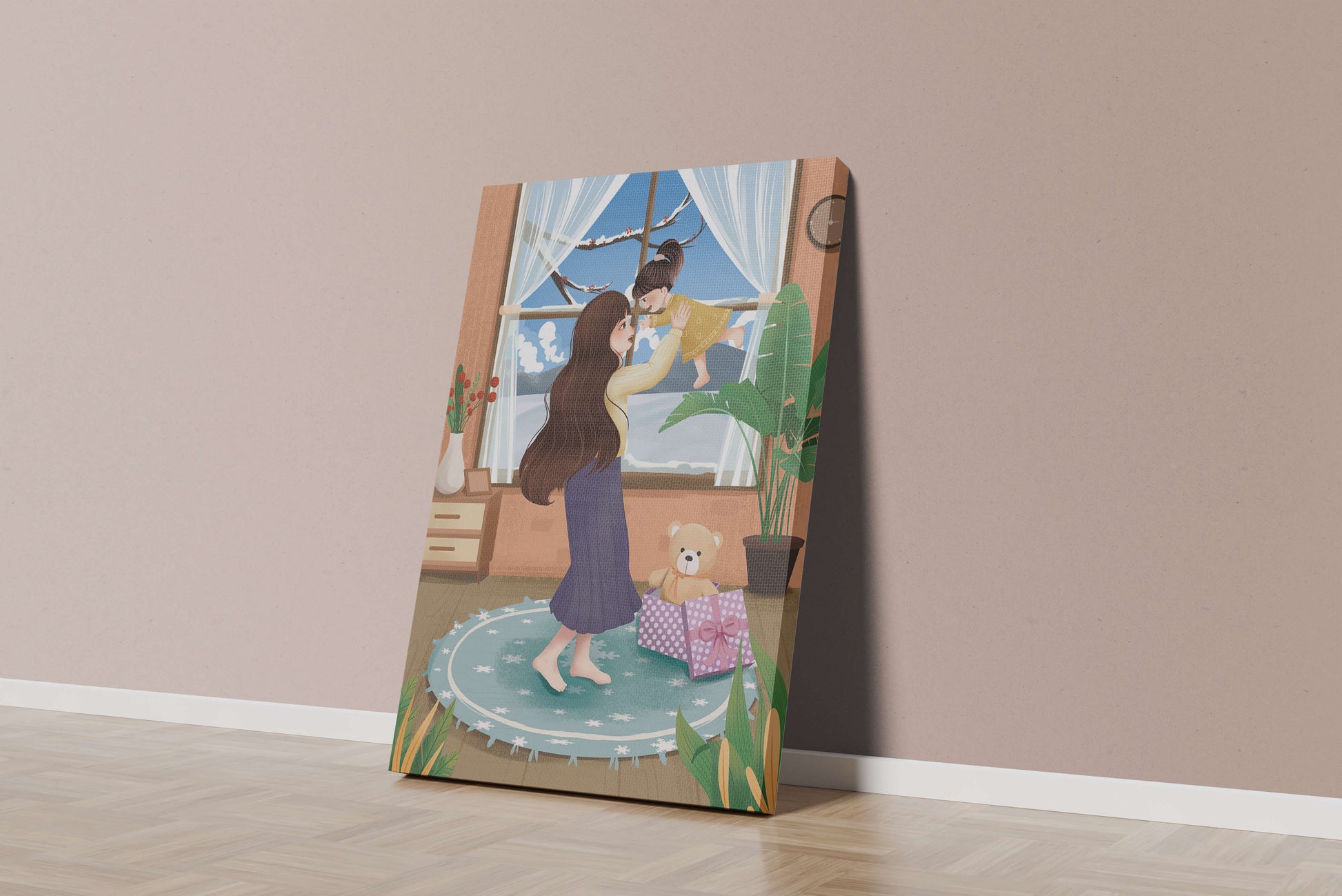 Mother and child bonding in a vibrant living room