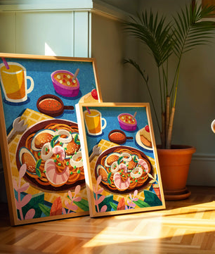 Escena ilustrativa de desayuno colorida con pasta y bebidas