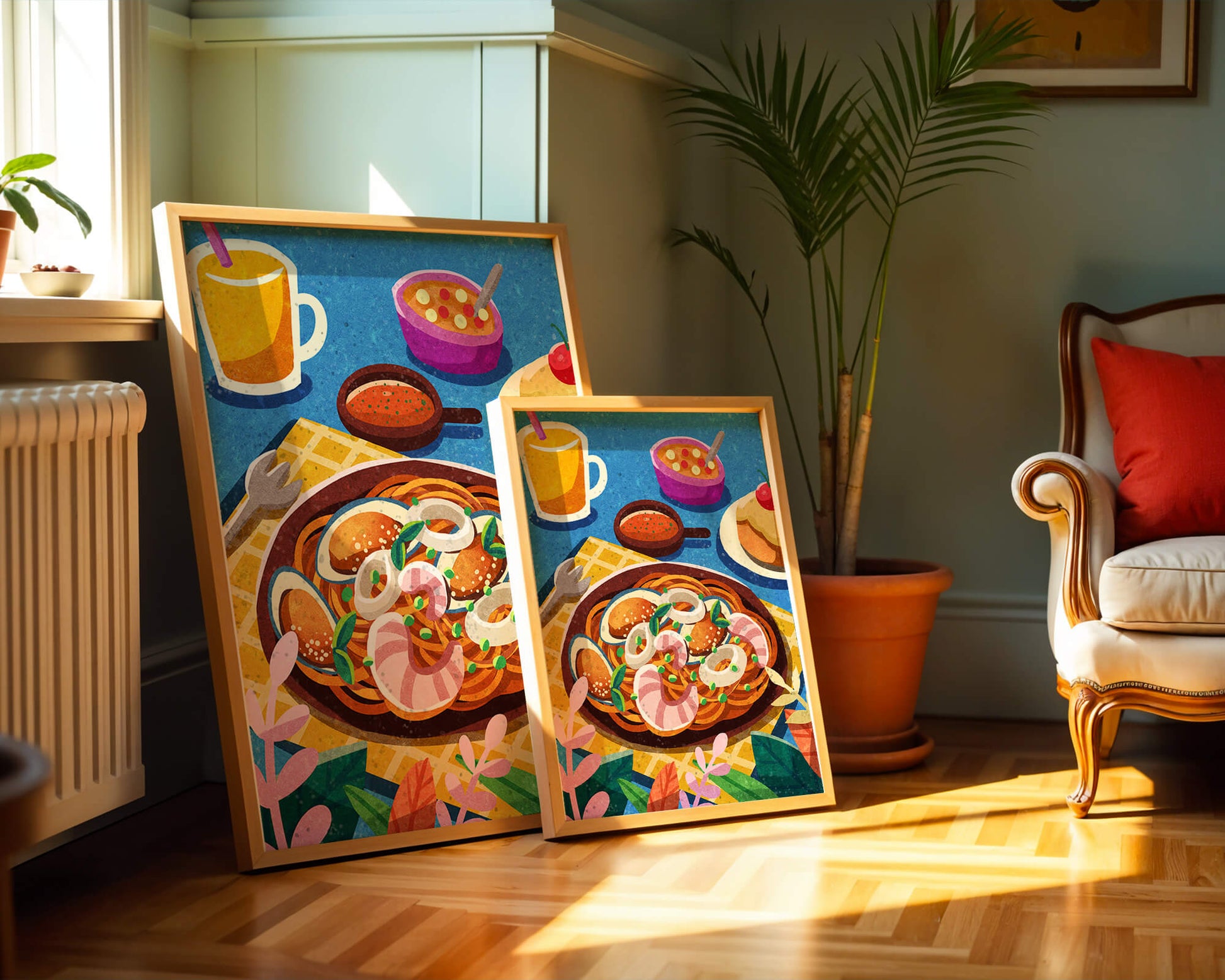 Colorful Illustrative Breakfast Scene with Pasta and Drinks