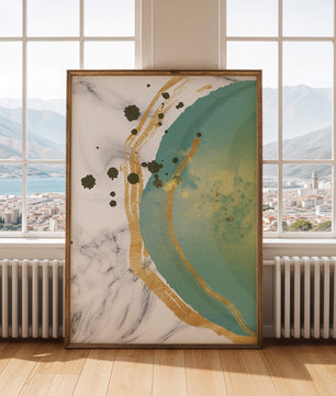 Elegant abstract design with gold accents and teal hues