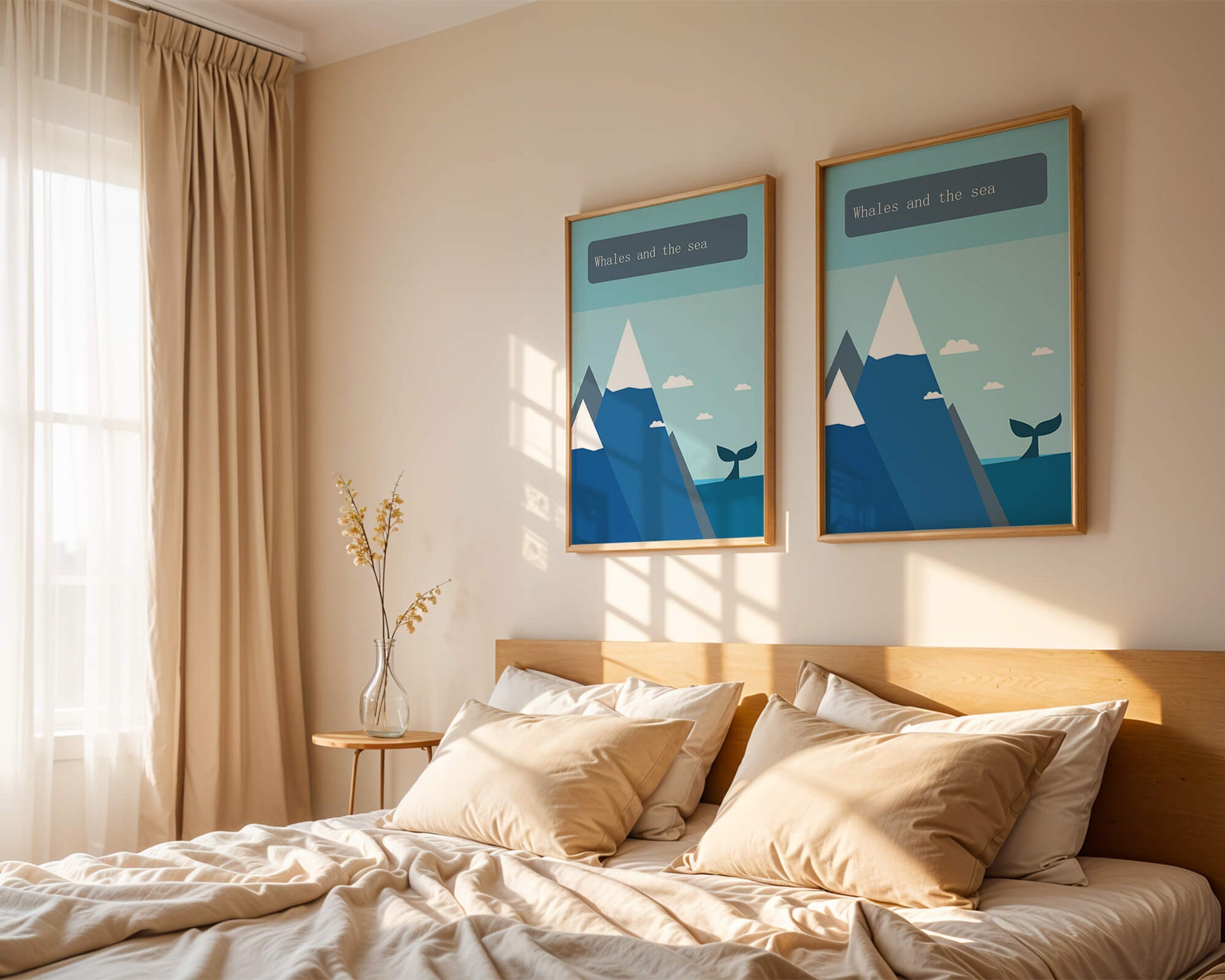 Whale and mountain illustration with sea and sky background