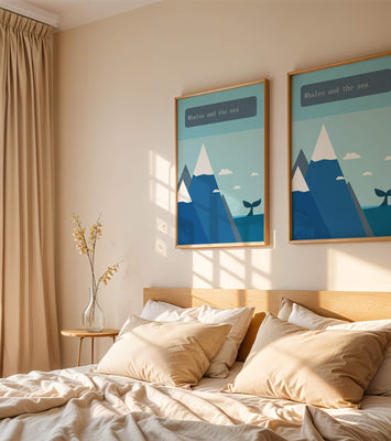Whale and mountain illustration with sea and sky background