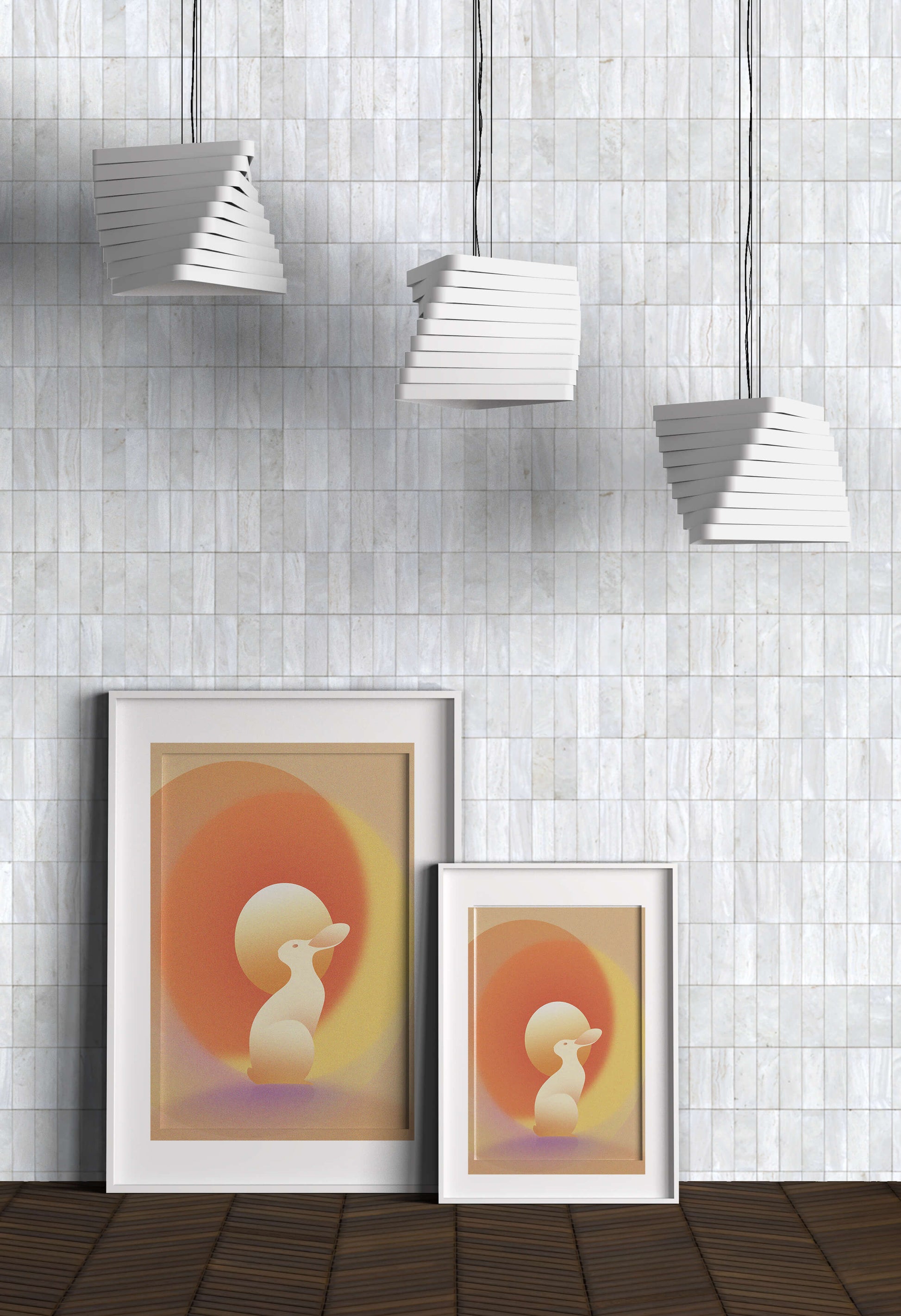 Majestic White Rabbit with Sun and Abstract Circles