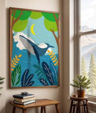 Illustration eines Wals in einer farbenfrohen Waldszene mit Mond und Pflanzen