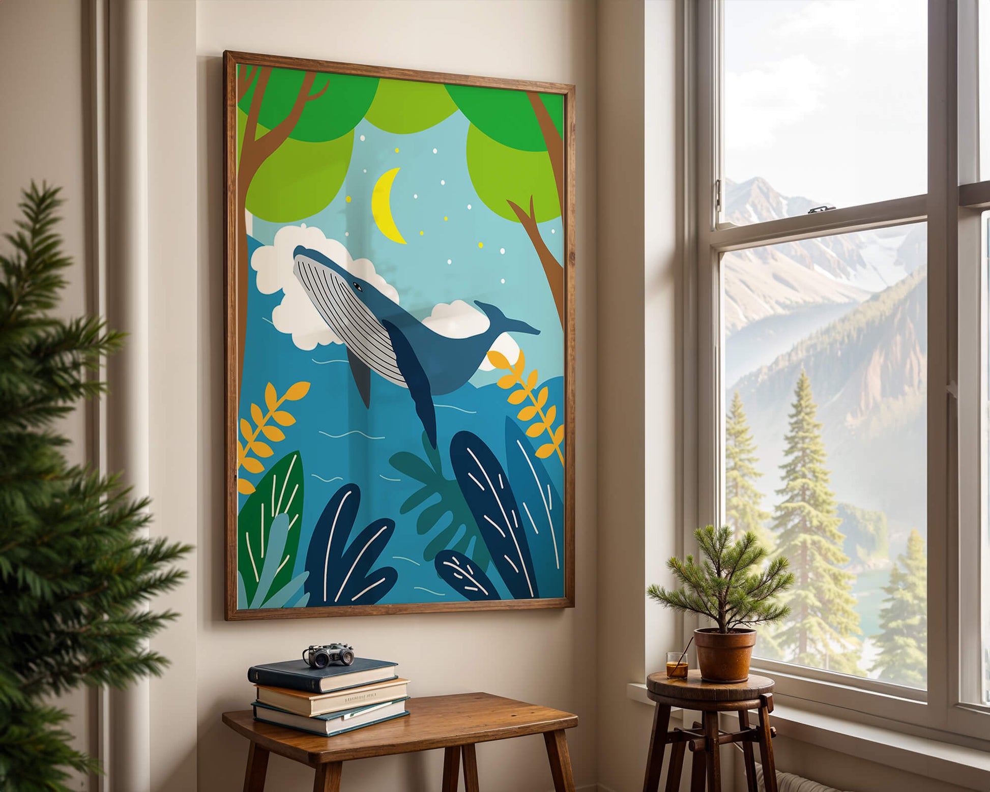 Illustration of a whale in a colorful forest scene with moon and plants