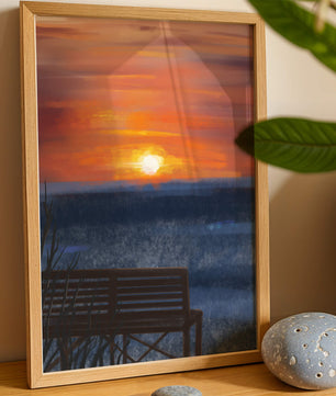 Tranquil Sunset over Ocean with a Lonely Bench